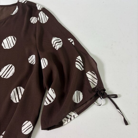 Chicos Top Womens 2 Us L Brown White Circles Geometric Slit Tie Sleeve 1/4 Zip - Picture 4 of 13